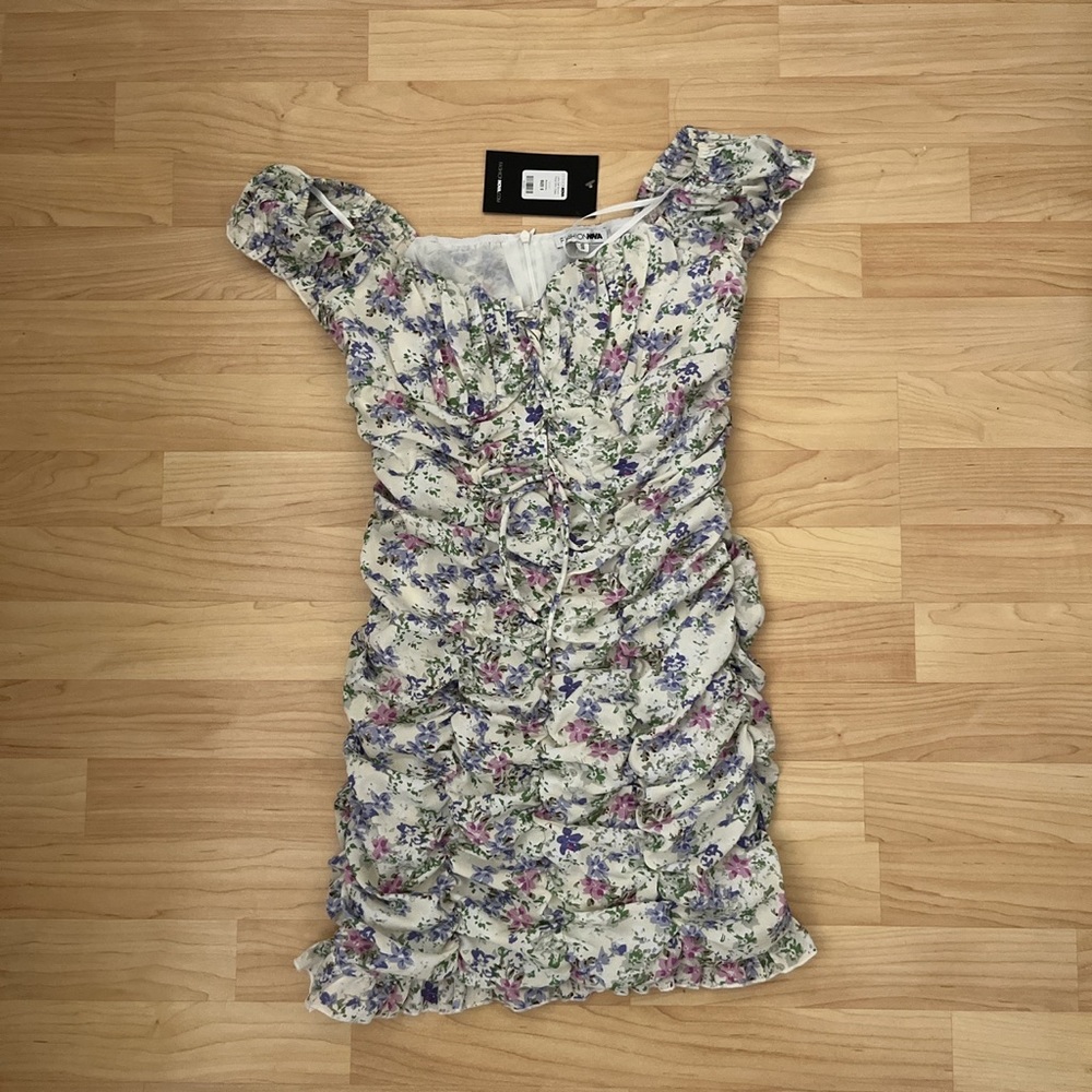 Fashion nova ruched floral dress with tie new with tags